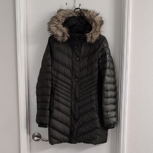 Women's Olive Green Down Puffer Coat with Fur Hood
